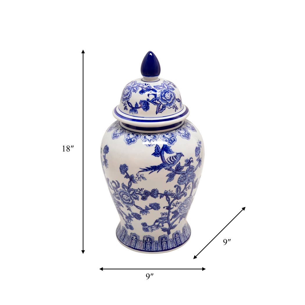 Blue 18 in. Ceramic Chinoiserie Temple Jar with Bird/Flower