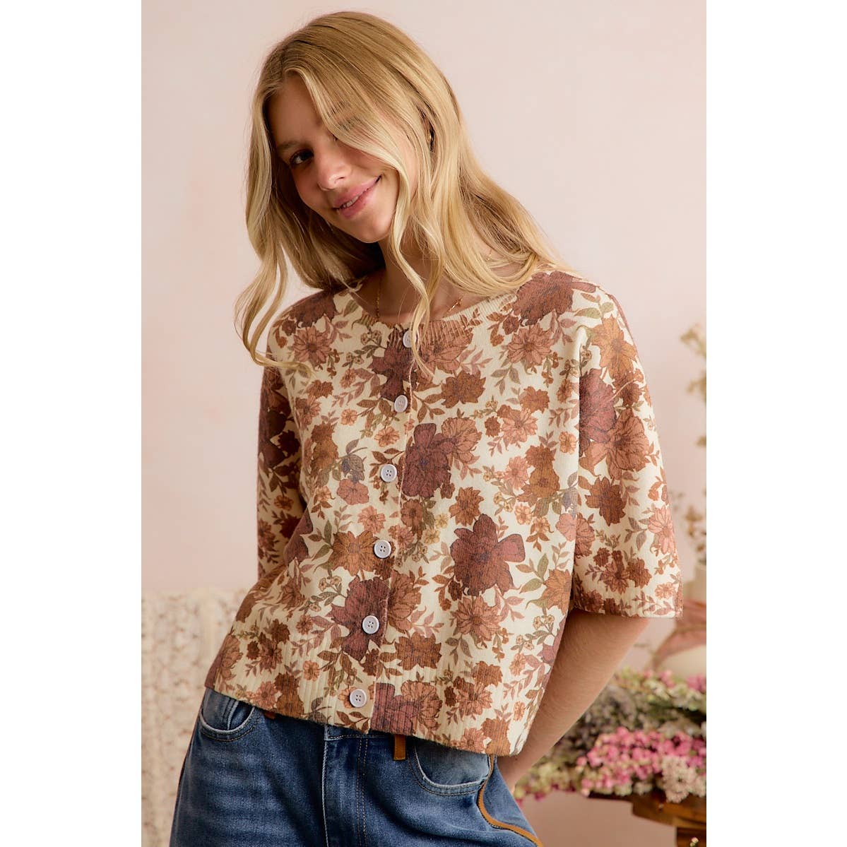 Floral Print Ivory/Brown Button Front Sweater Vest