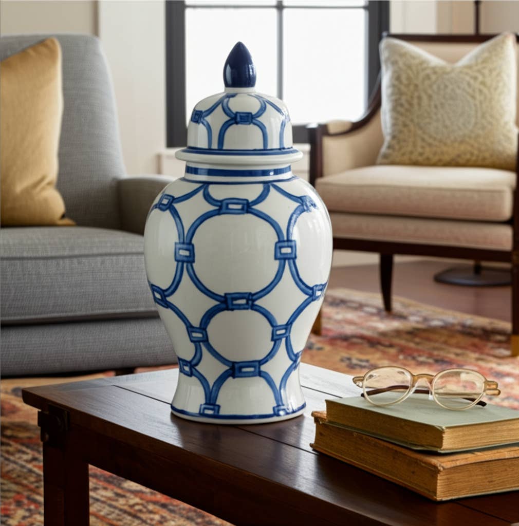 Ceramic Links Lidded Decorative Temple Jar - Blue, 14 in.