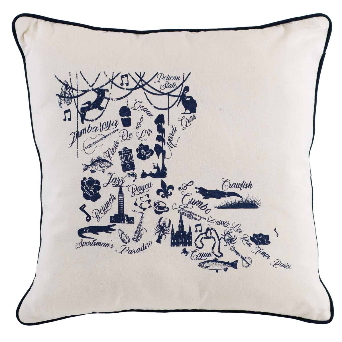 Louisiana Icons Pillow   Soft White/Navy   18x18