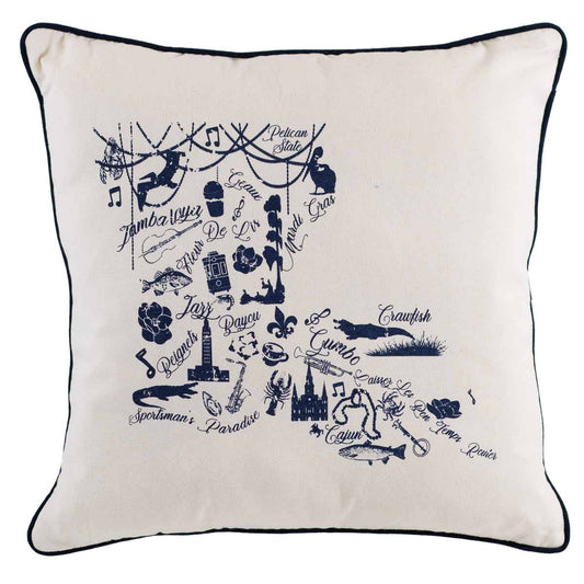 Louisiana Icons Pillow   Soft White/Navy   18x18