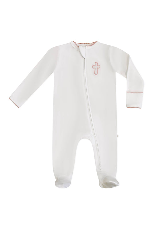 Pip Embroidered Zip Romper -Pink Cross: 3-6 mo