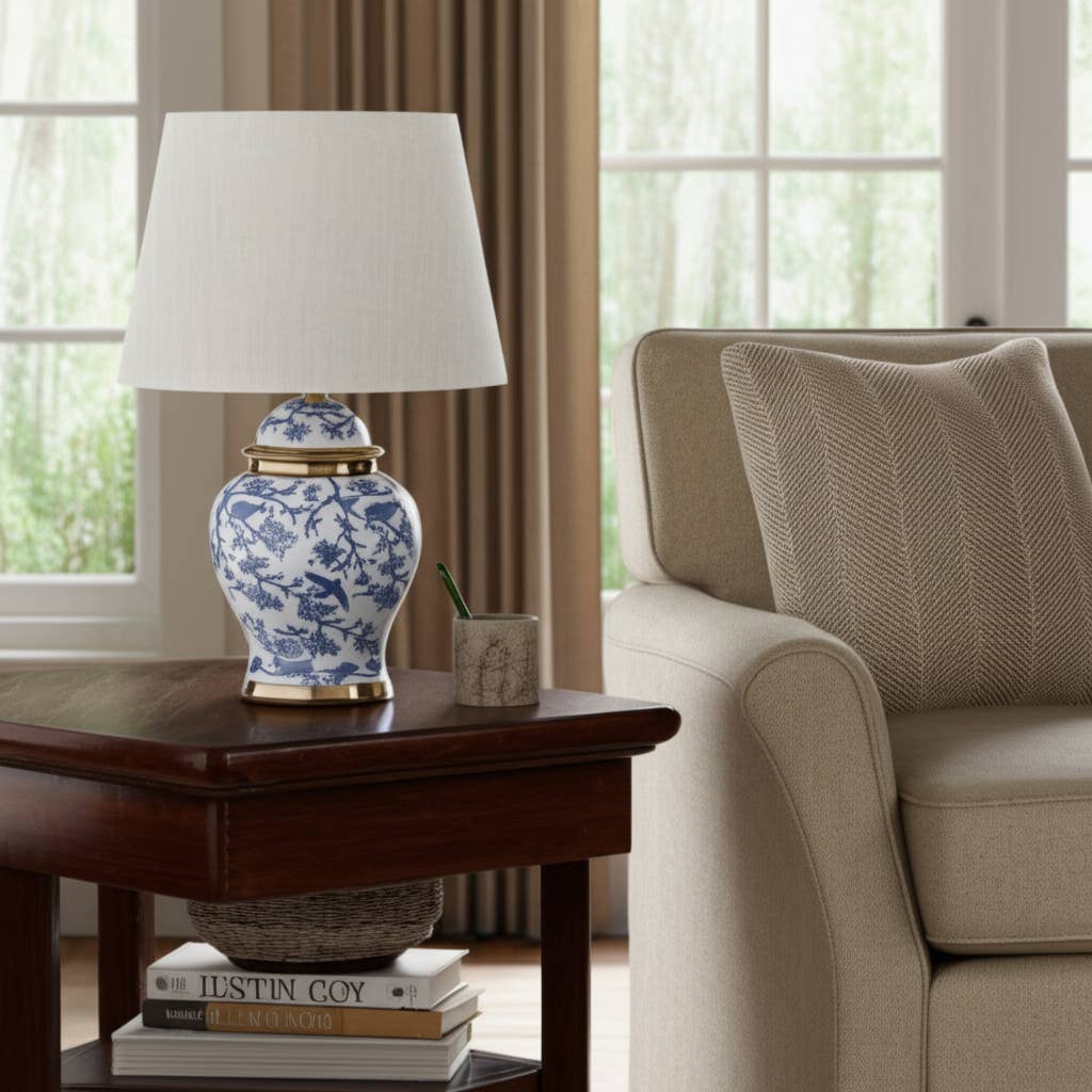 Table Lamp - Blue Ceramic Chinoiserie Floral Birds, 19 in.
