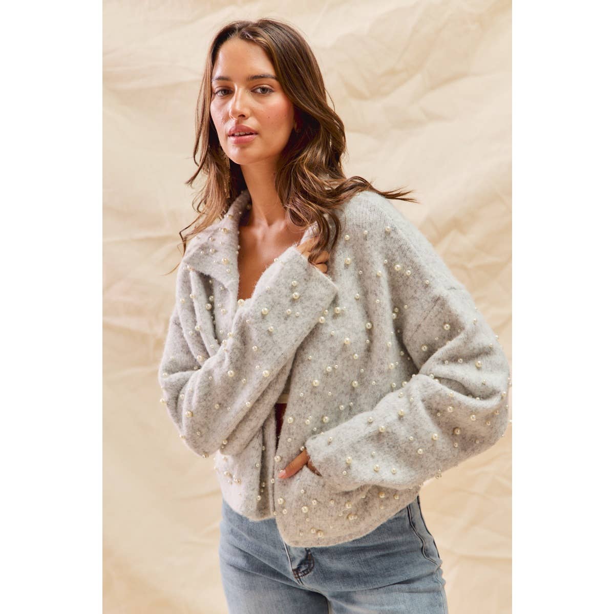 PEARL EMBELLISH SWEATER HOLIDY CHRISTMAS CARDIGAN: LT GREY / L