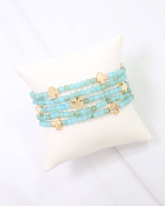 Flint Beaded Cross Stretch Bracelet Set Aqua