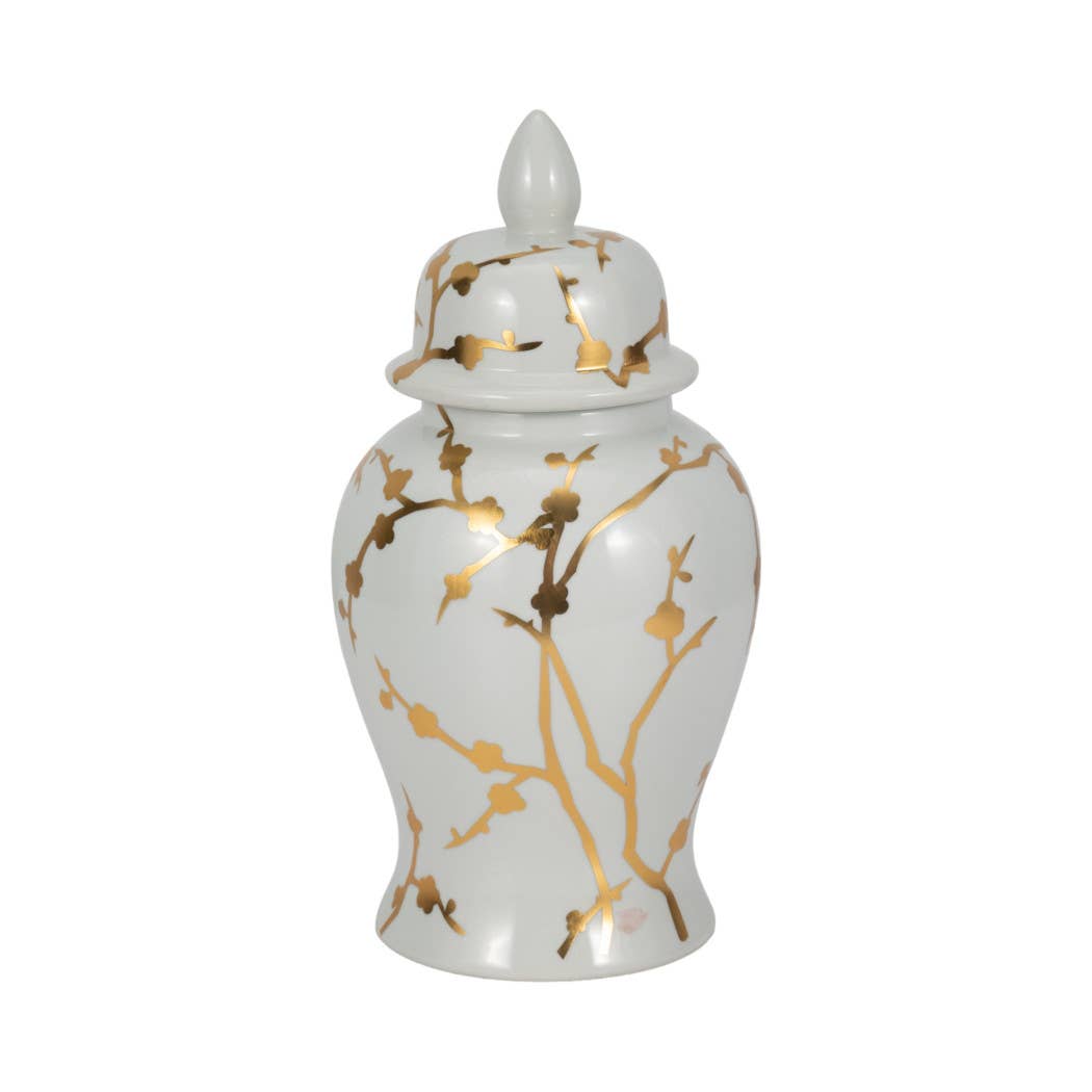 Decorative Temple Jar - White Ceramic Gold Cherry, 14 in.