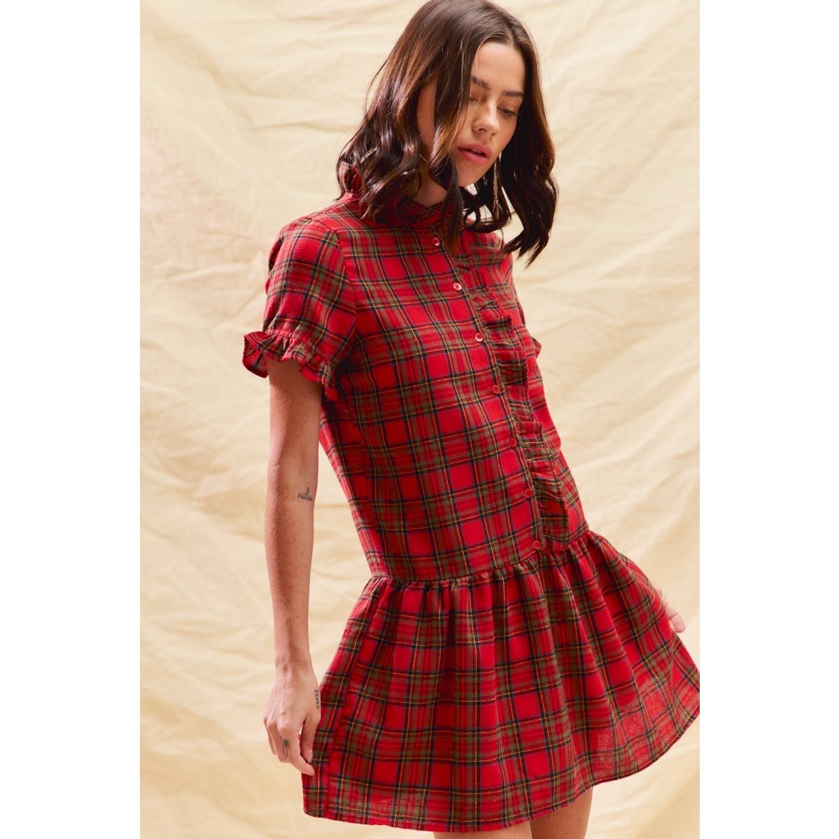 RED CHECKERED PLAID CHRISTMAS HOLIDAY MINI DRESS: RED CHECK / M