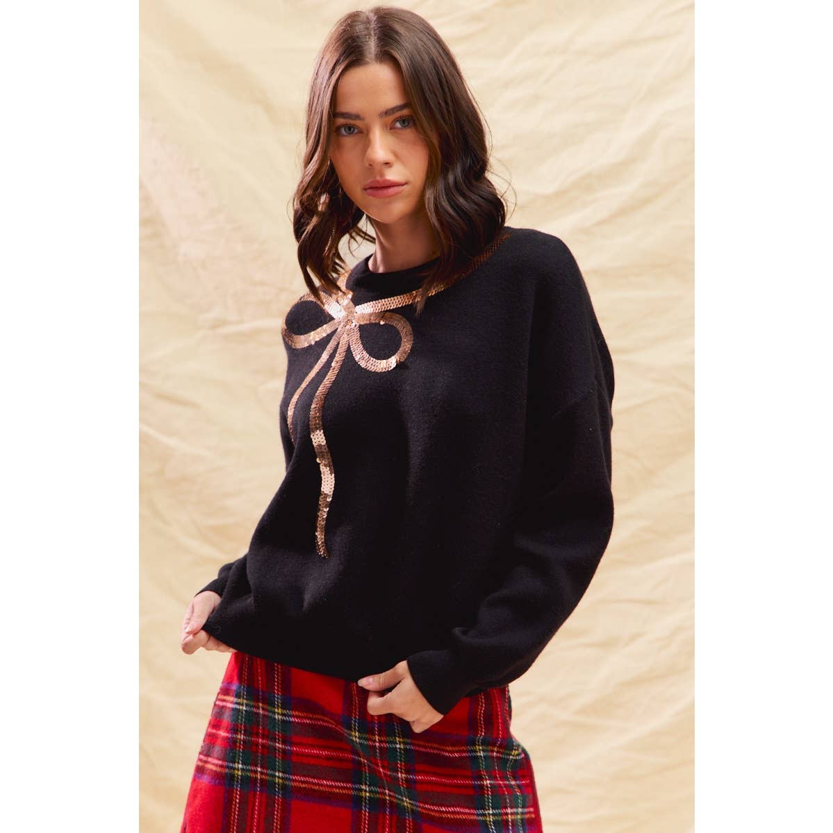 SEQUINS RIBBON CHRISTMAS HOLIDAY SWEATER TOP: BLACK/GOLD / L