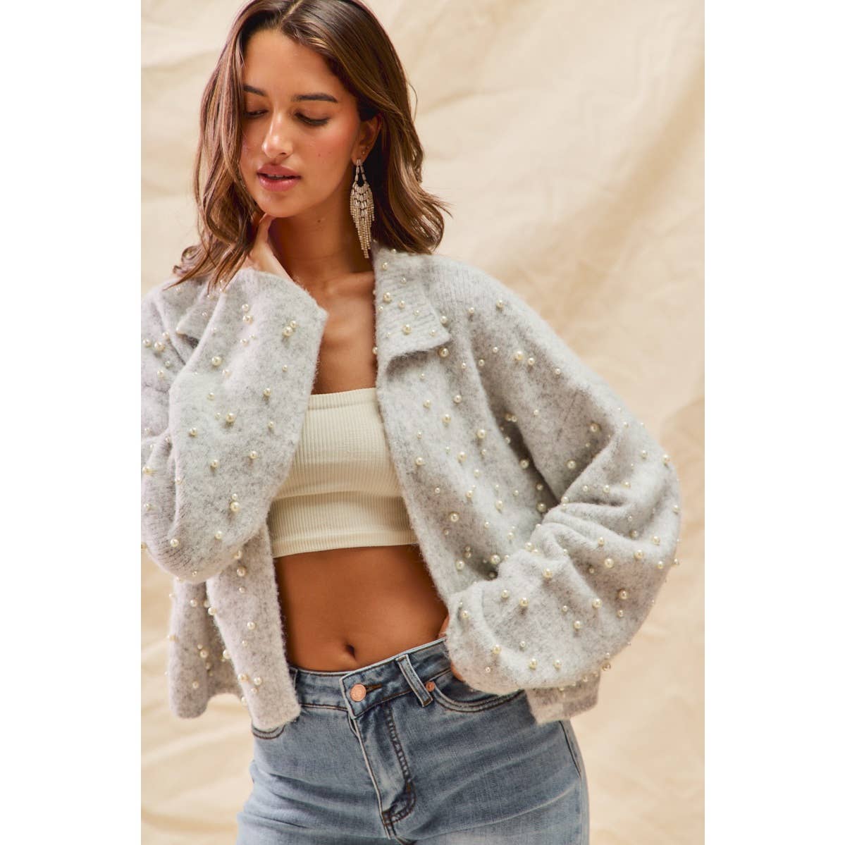 PEARL EMBELLISH SWEATER HOLIDY CHRISTMAS CARDIGAN: LT GREY / S