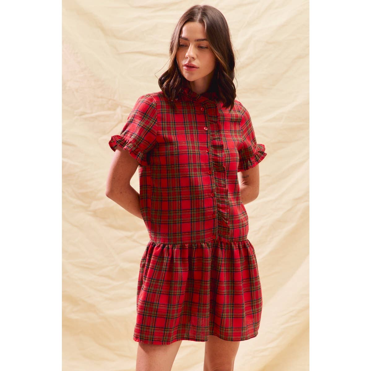 RED CHECKERED PLAID CHRISTMAS HOLIDAY MINI DRESS: RED CHECK / S