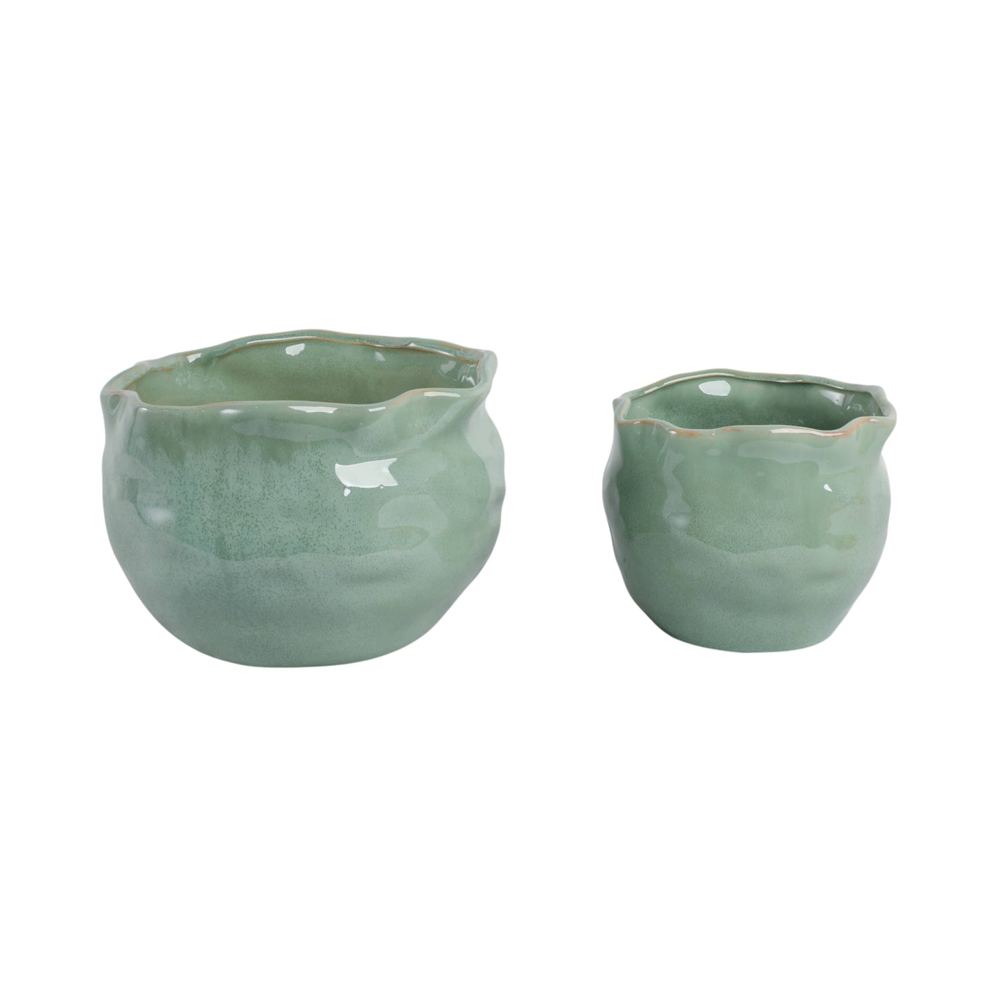 Green Ceramic Round Wavy Edge Planters (2 Sizes)