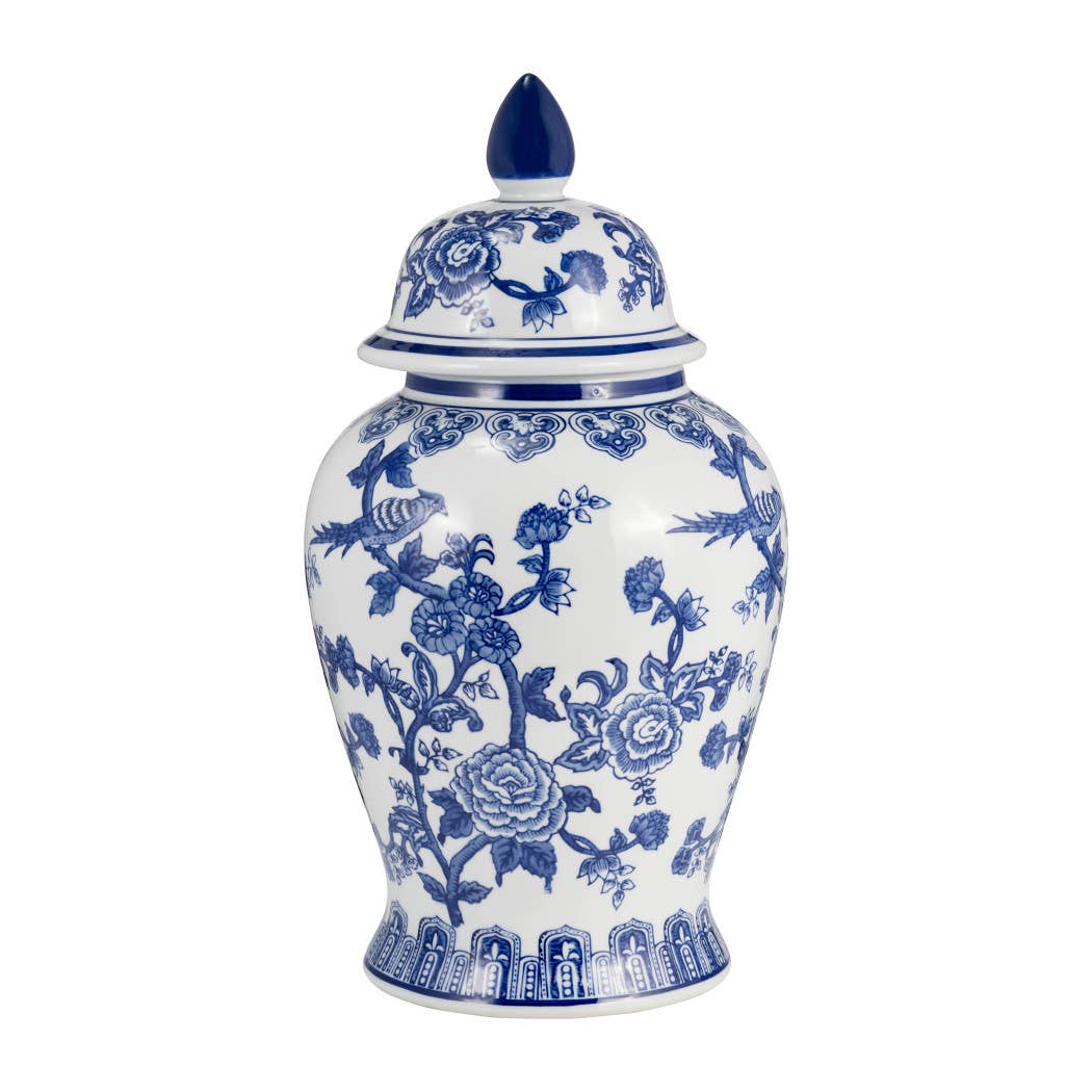 Blue 18 in. Ceramic Chinoiserie Temple Jar with Bird/Flower