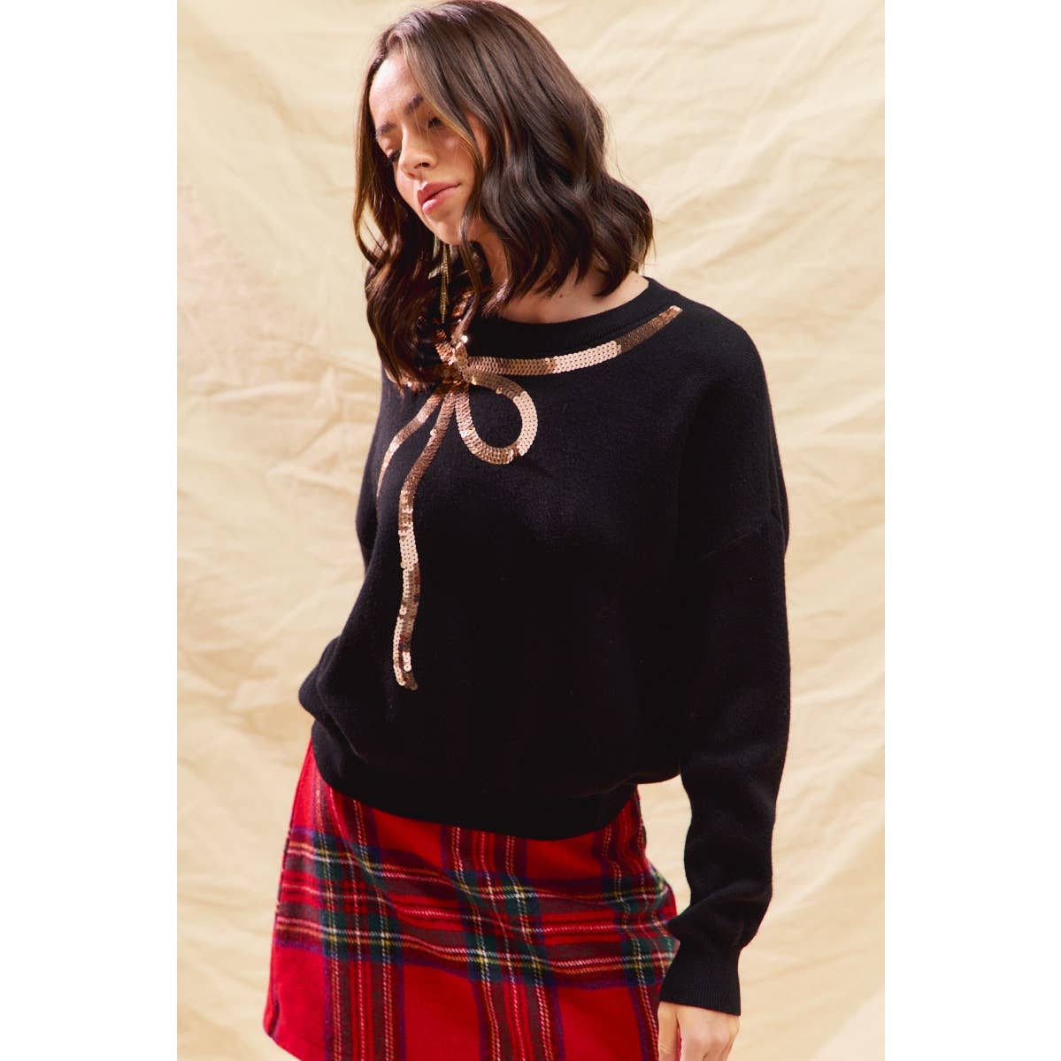 SEQUINS RIBBON CHRISTMAS HOLIDAY SWEATER TOP: BLACK/GOLD / M
