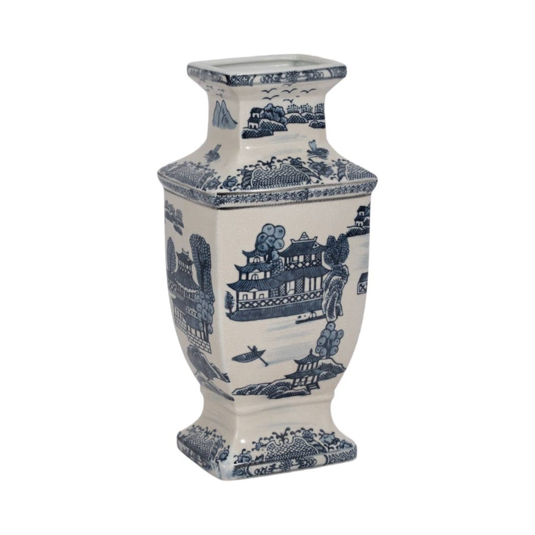 Decorative Jar - Blue Ceramic Chinoiserie Temple, 15 in.