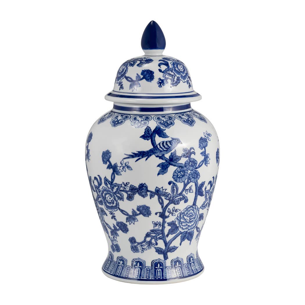Blue 18 in. Ceramic Chinoiserie Temple Jar with Bird/Flower