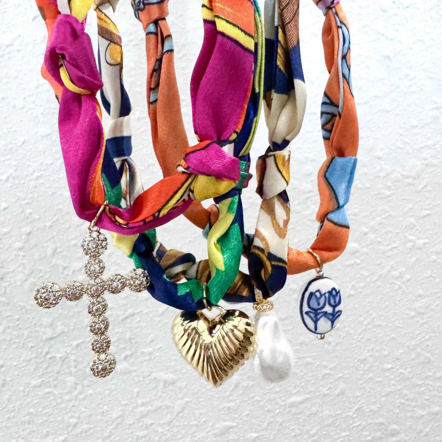Scarf Bandana Charm Necklaces : Heart CZ - Purple Blue Abstract Scarf