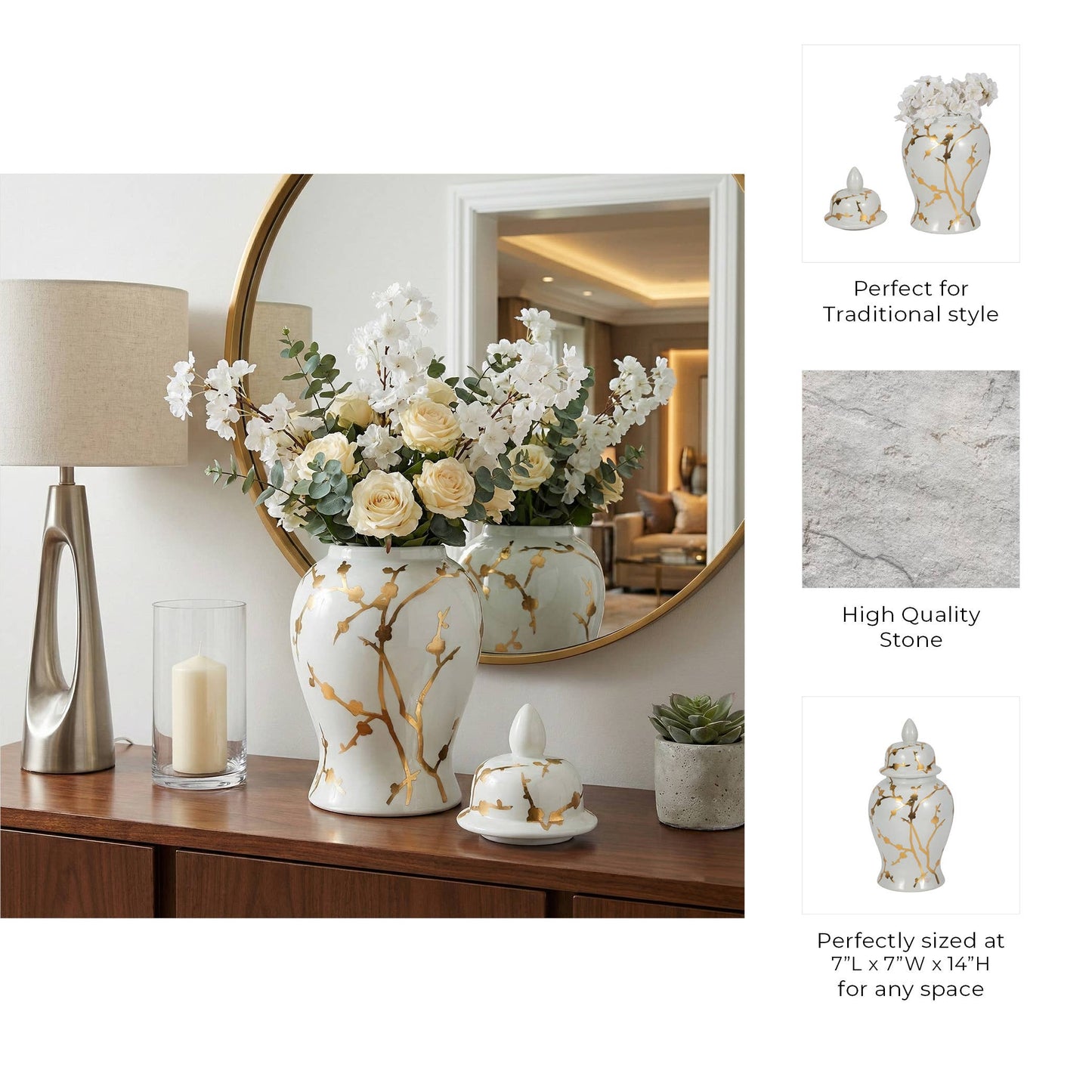 Decorative Temple Jar - White Ceramic Gold Cherry, 14 in.
