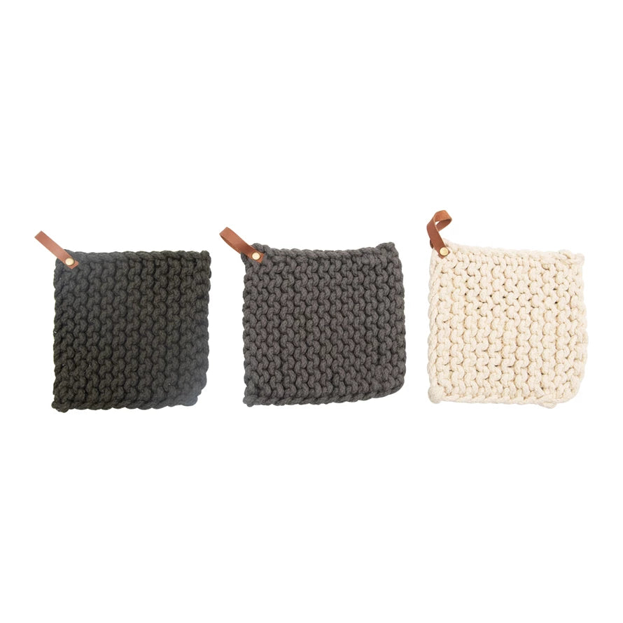 Crocheted Pot Holder with Leather Loop (3 Colors)