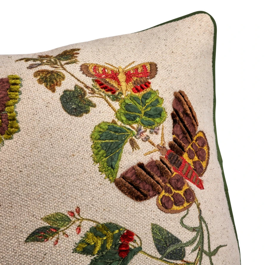 Cotton Lumbar Pillow w/Butterflies, Flowers, Embroidery & Piping