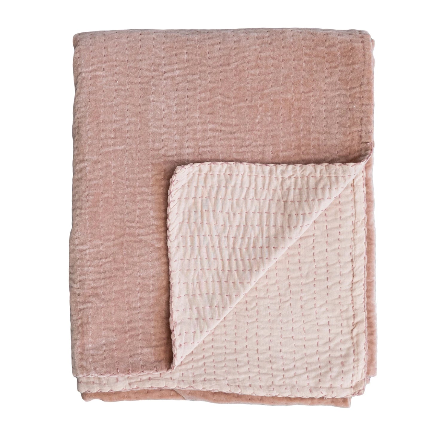 Cotton Velvet Throw w/Kantha Stitch - Blush Color