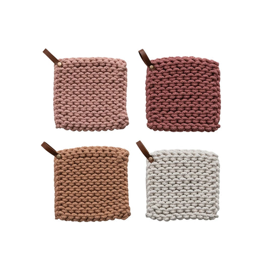 Cotton Crocheted Pot Holder w/ Leather Loop (4 Colors)
