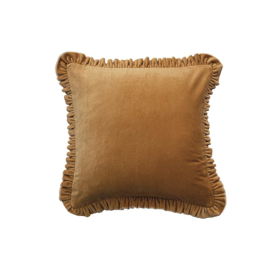 Square Cotton Velvet Pillow w/Ruffled Trim - Mustard Color