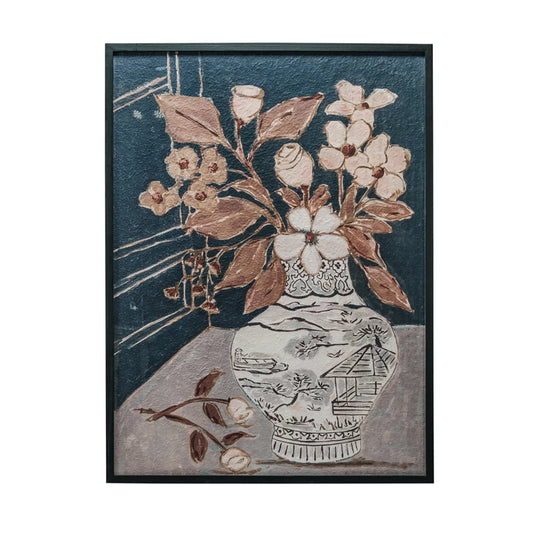 Wood Framed Glass Wall Decor w/Flowers in Vase