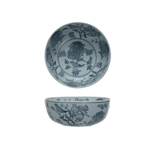 Hand- Stamped Stoneware Bowl w/Birds & Botanicals