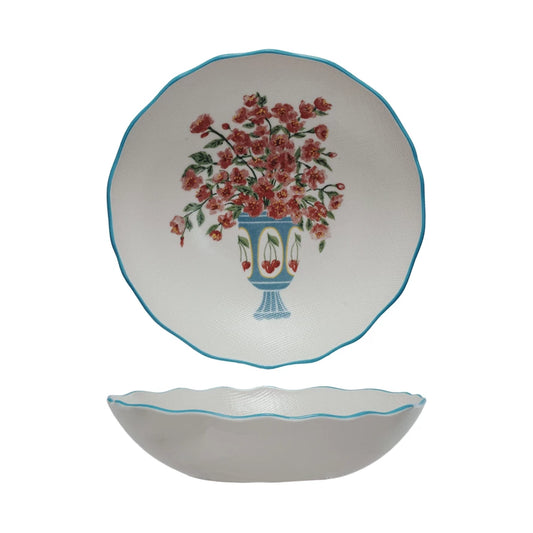 Textured Stoneware Salad Bowl w/Flowers in Vase & Colored Rim
