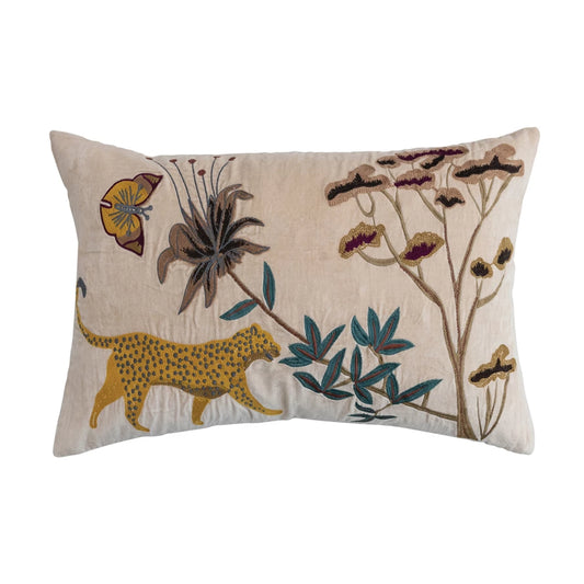 Cotton Velvet Lumbar Pillow w/Embroidered Flora/Fauna