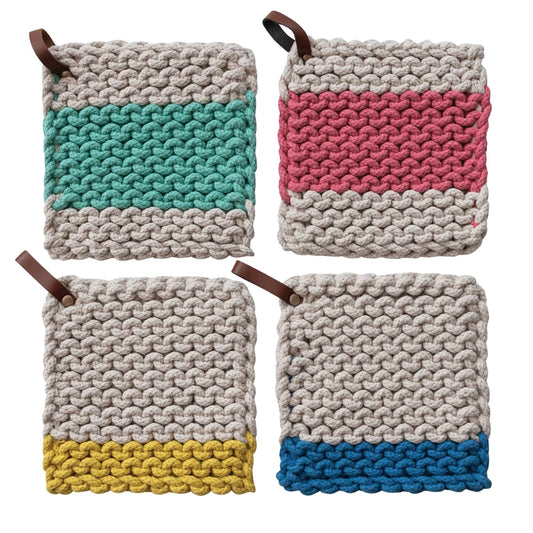 Cotton Crocheted Pot Holder w/Leather Loop (4 Colors)