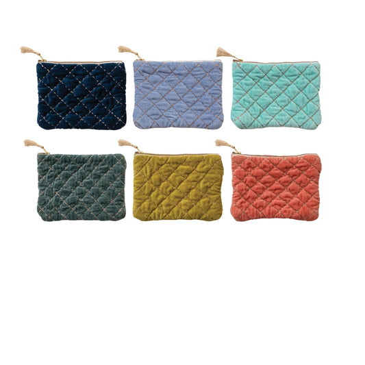 Quilted Cotton Velvet Zip Pouch w/Metallic Thread Embroidery & Tassel (6 Colors)