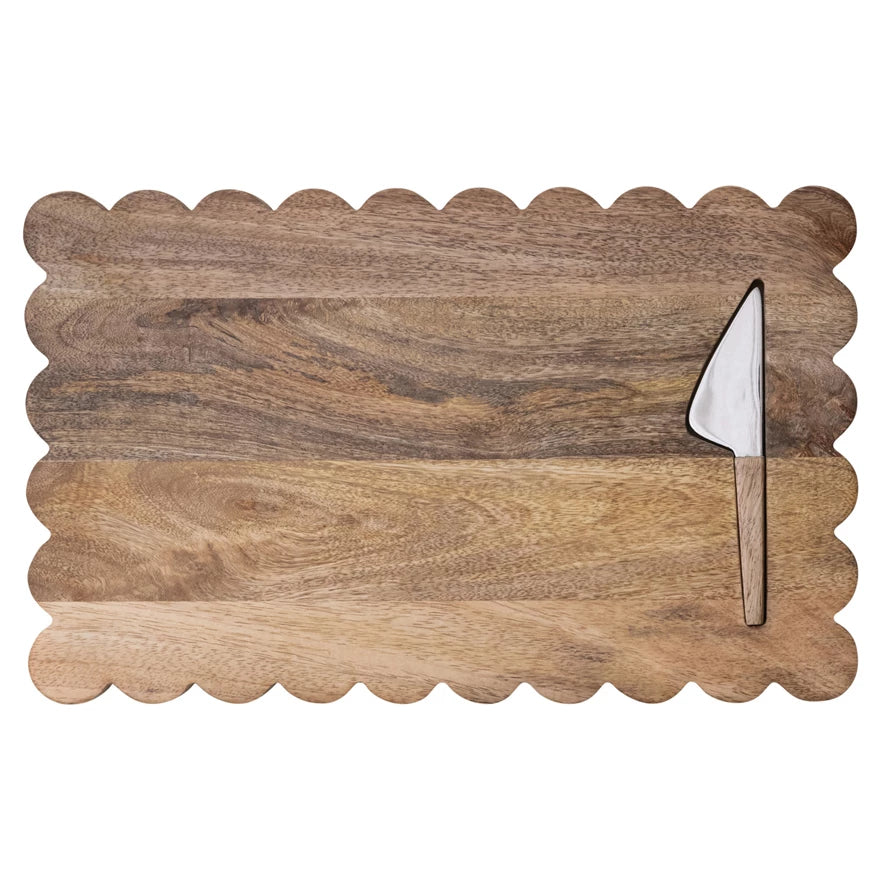 Mango Wood Scalloped Cheese/Serving Board w/Stainless Steel Cheese Knife (set )