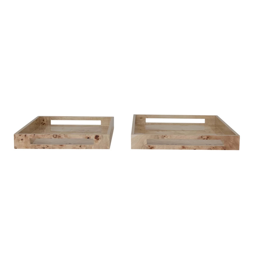 MDF & Burl Wood Veneer Trays w/Handles Natural (Two Sizes)