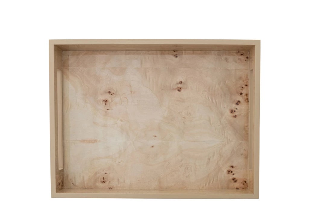 MDF & Burl Wood Veneer Trays w/Handles Natural (Two Sizes)