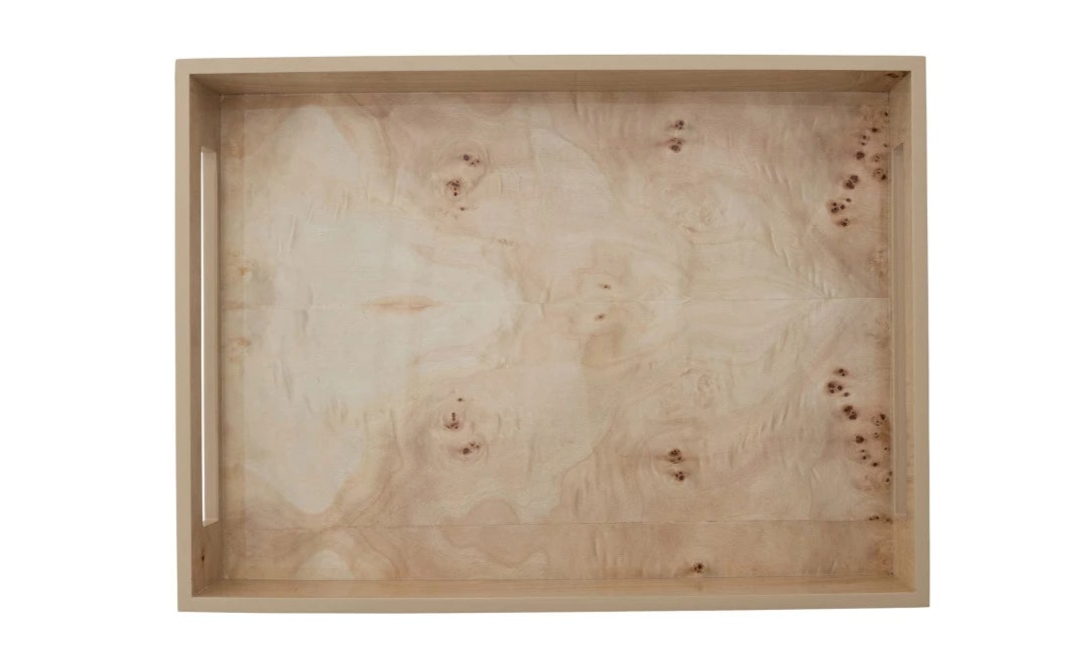 MDF & Burl Wood Veneer Trays w/Handles Natural (Two Sizes)
