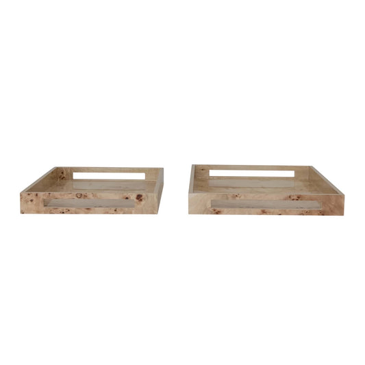 MDF & Burl Wood Veneer Trays w/Handles Natural (Two Sizes)