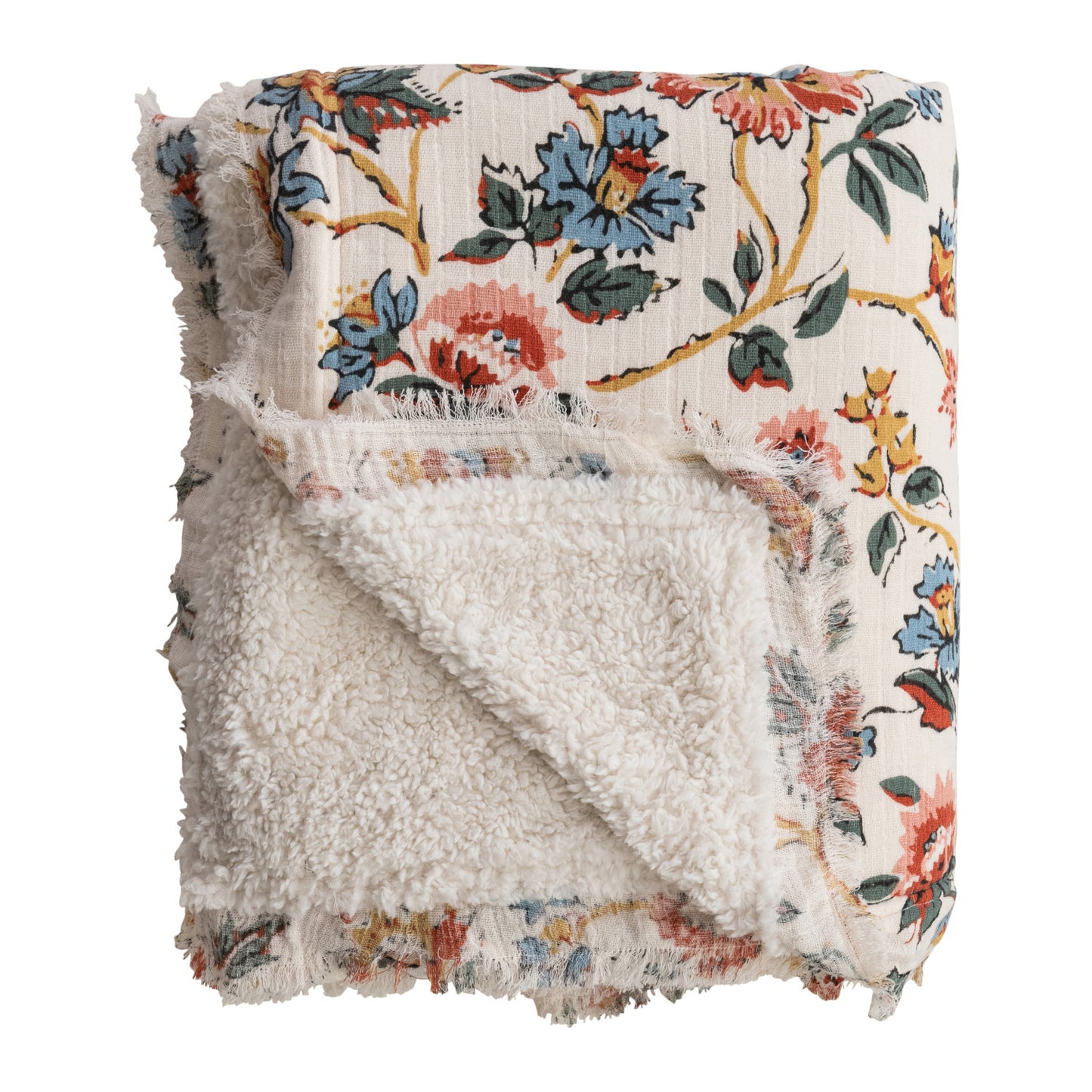 Woven Cotton Printed Throw w/Sherpa Back, Flower Pattern & Fringe