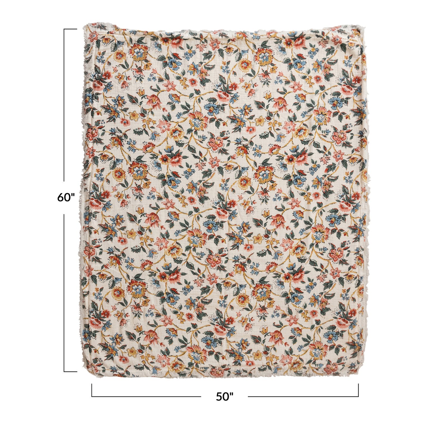 Woven Cotton Printed Throw w/Sherpa Back, Flower Pattern & Fringe