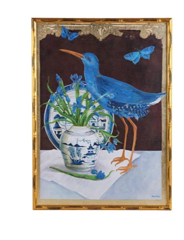 Wood Faux Bamboo Framed Canvas Wall Decor w/Bird & Urn Image & Gold Foil (2 Styles)