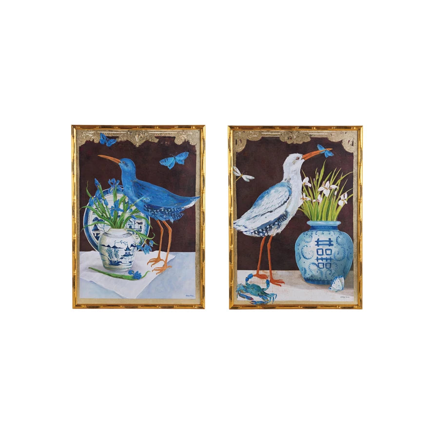 Wood Faux Bamboo Framed Canvas Wall Decor w/Bird & Urn Image & Gold Foil (2 Styles)