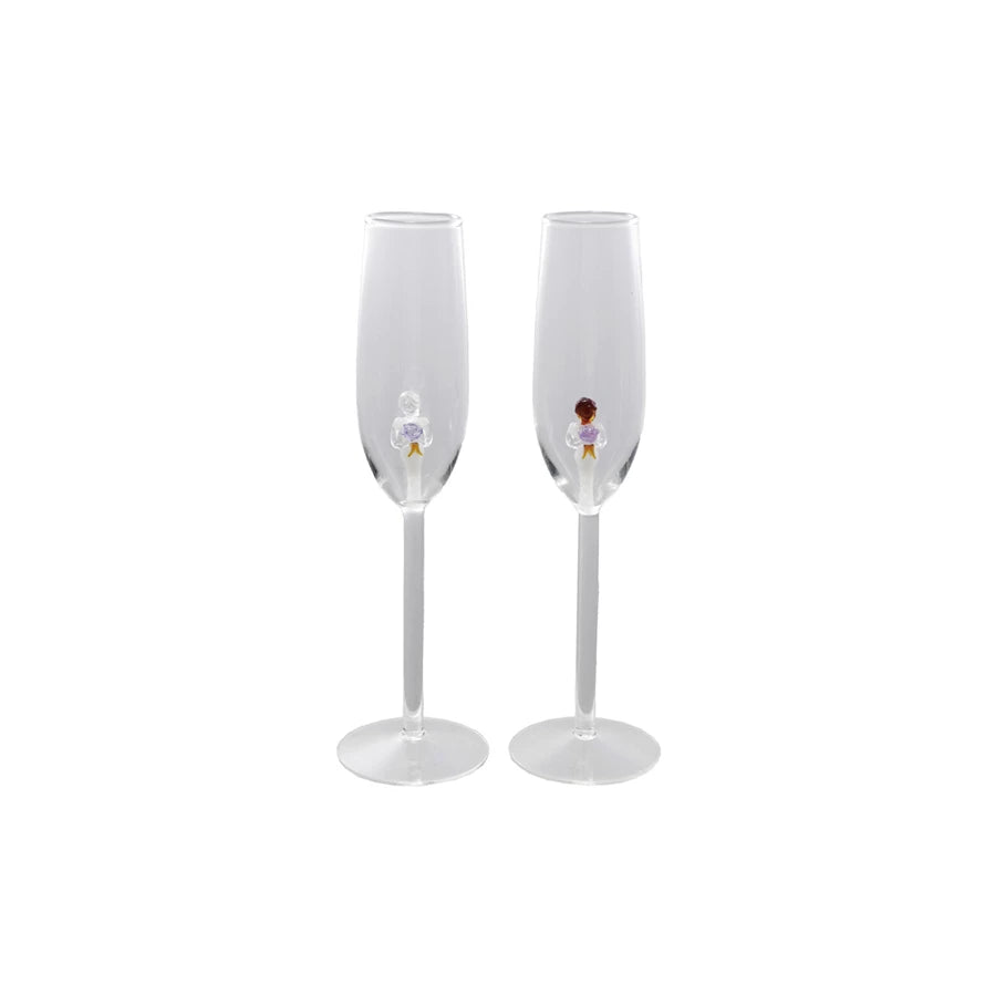 Stemmed Champagne Glass w/Hand-Blown Bride Inside (2 Styles)