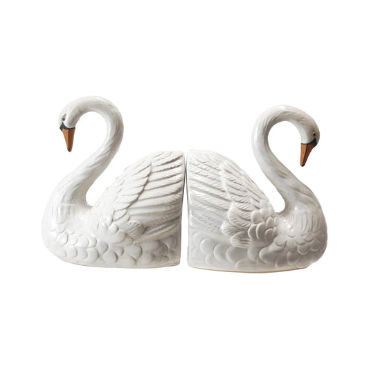 Stoneware Swan Shaped Bookends, White, Orange Color & Black (Set of 2)