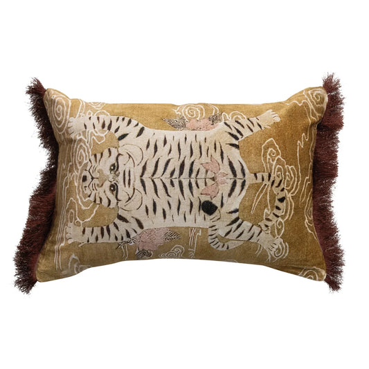 Cotton Velvet Printed Lumbar Pillow w/Tibetan Tiger & Fringe