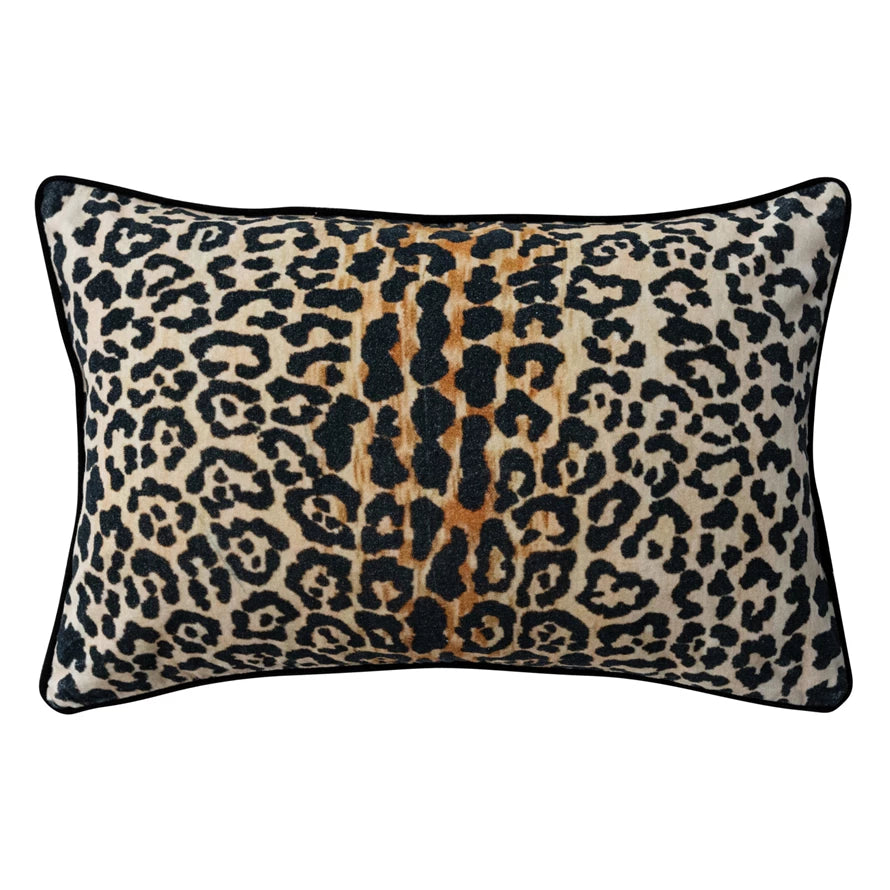 Cotton Velvet Printed Lumbar Pillow w/Leopard Print & Piping