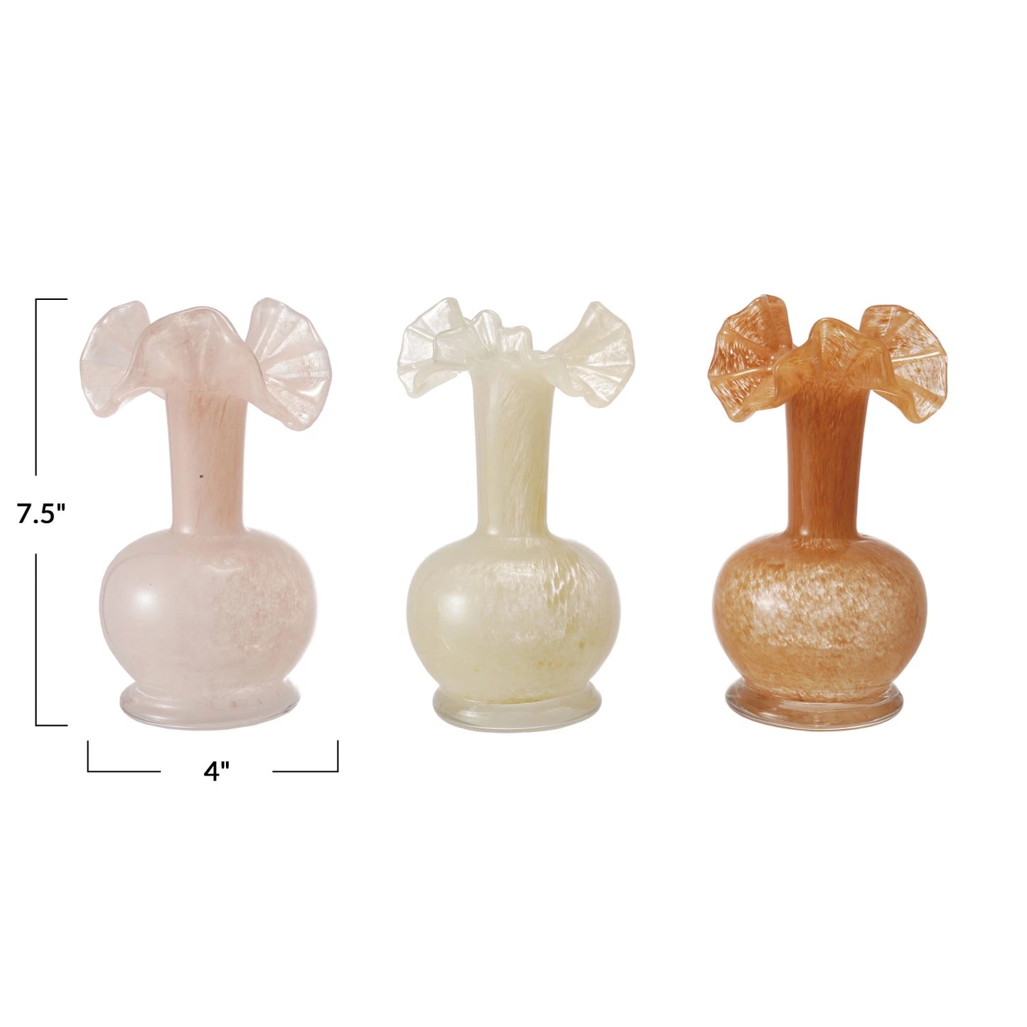 Art Glass Vase w/Ruffle (3 Colors) Each One Will Vary