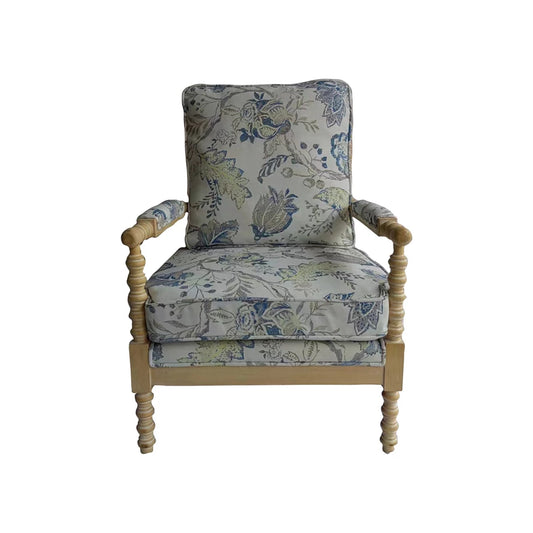 Linen Fabric Upholstered Chair w/Floral & Leaf Pattern & Spindle Wood Frame