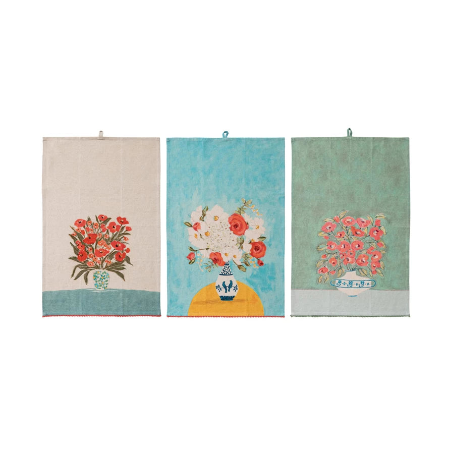 Cotton & Linen Printed Tea Towel w/Flowers in Vase & Mini Pom Pom Trim (3 Styles)