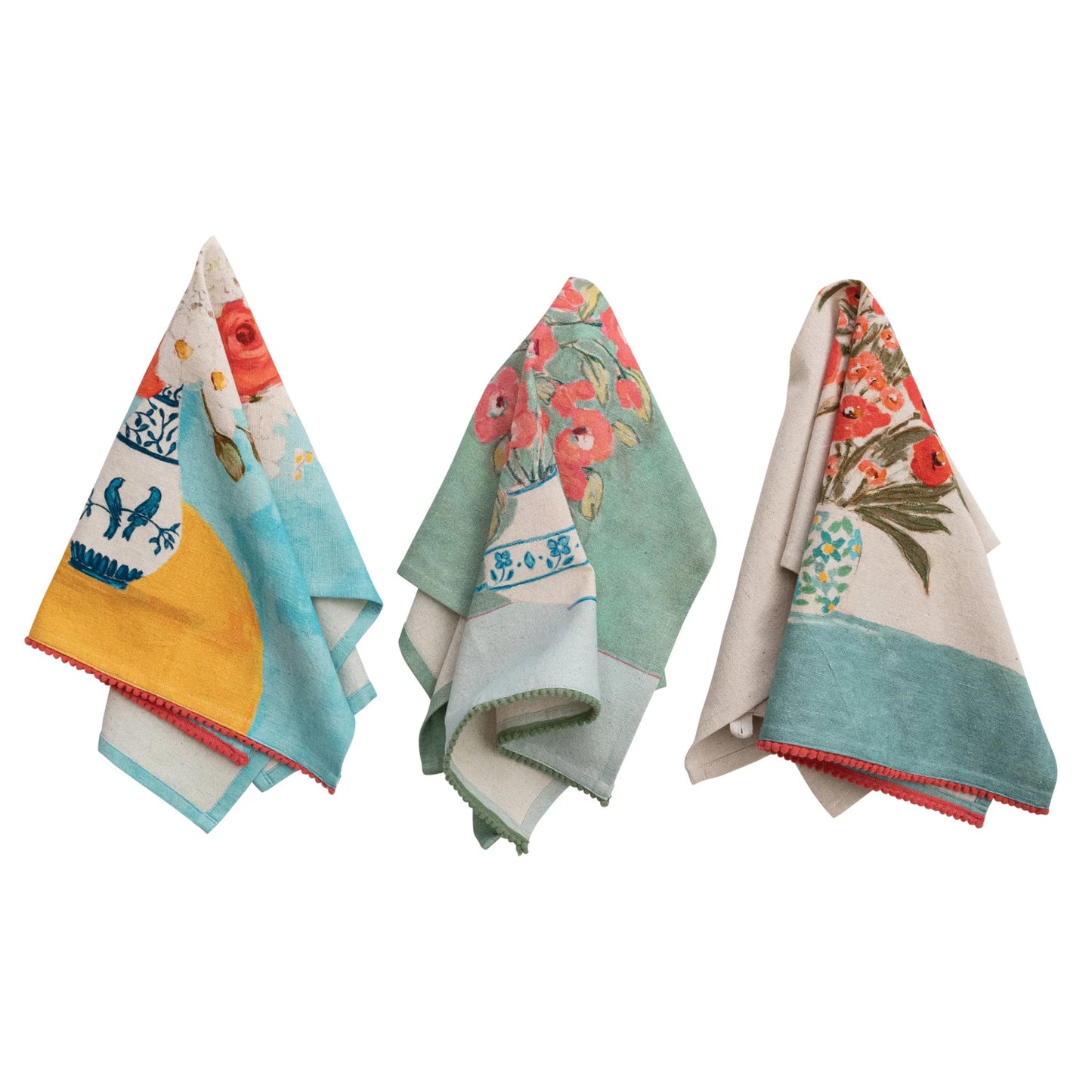 Cotton & Linen Printed Tea Towel w/Flowers in Vase & Mini Pom Pom Trim (3 Styles)