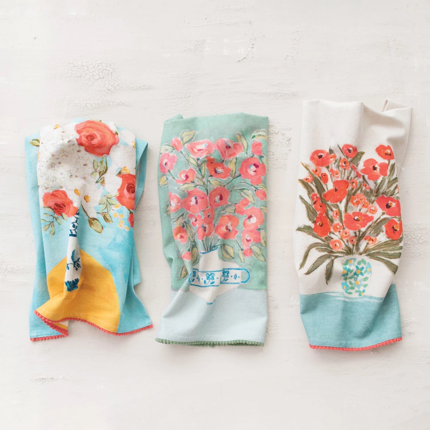 Cotton & Linen Printed Tea Towel w/Flowers in Vase & Mini Pom Pom Trim (3 Styles)